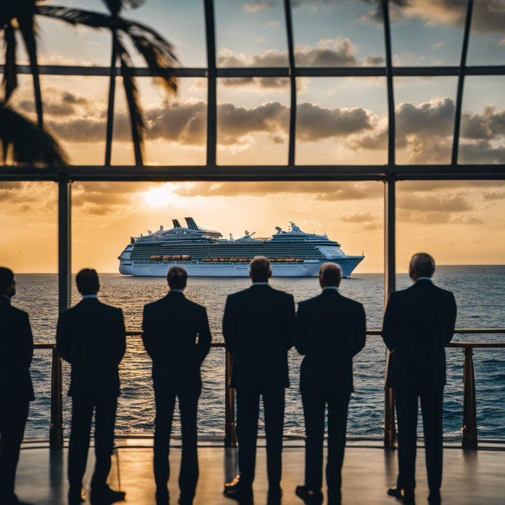 An image showcasing Royal Caribbean's historic decision by depicting an iconic cruise ship sailing into the horizon, while a group of executives looks on with mixed emotions, representing the significance and impact of this momentous event