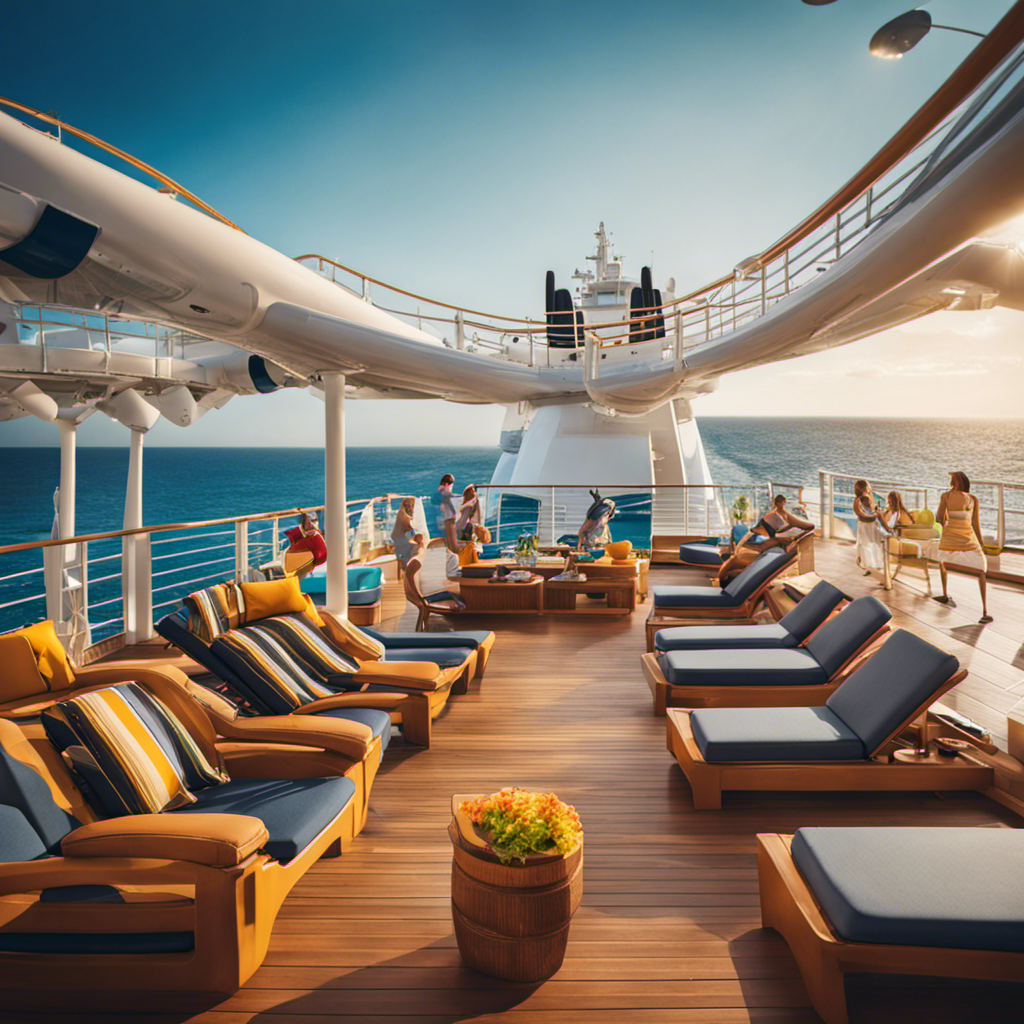 An image showing a sun-kissed deck adorned with vibrant loungers, where smiling passengers enjoy thrilling water slides, delectable cuisine, and awe-inspiring ocean vistas, capturing the essence of Royal Caribbean's insider tips for an unforgettable cruise