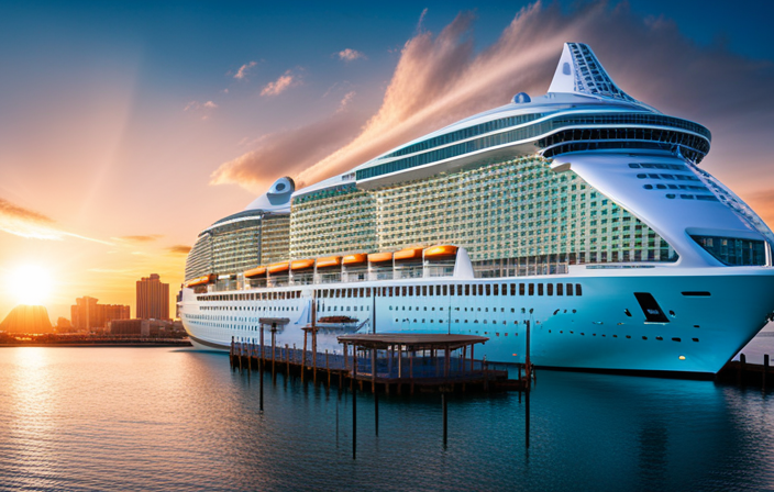An image capturing the majestic grandeur of Royal Caribbean's Crown of Miami Terminal, showcasing its sleek, contemporary architecture with a towering glass facade overlooking the glittering turquoise waters of Miami's vibrant port