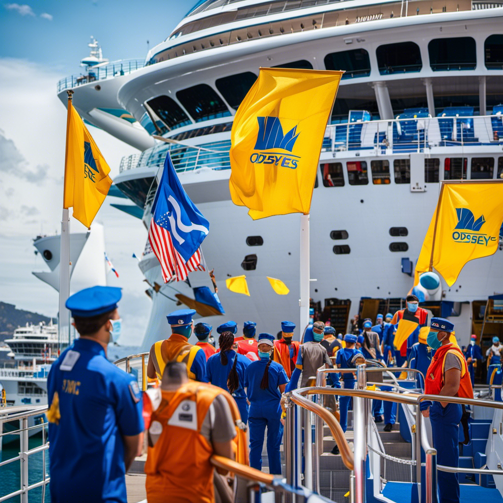 An image showing the majestic Odyssey of the Seas docked at a port, adorned with vibrant flags, while masked crew members in pristine uniforms undergo health screenings, emphasizing the unfortunate delay of its debut due to positive COVID-19 cases among the crew