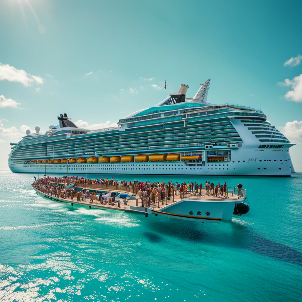 An image that showcases a colorful cruise ship sailing through clear turquoise waters, surrounded by a diverse group of joyful passengers, all wearing face masks and maintaining social distancing, symbolizing Royal Caribbean's resilience amidst the Delta variant and successful vaccination efforts