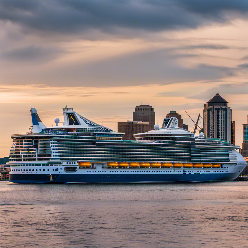 An image capturing the majestic sight of Royal Caribbean's ship gliding through Baltimore's bustling harbor, framed by the iconic Chesapeake Bay Bridge, showcasing the city's vibrant skyline in the backdrop