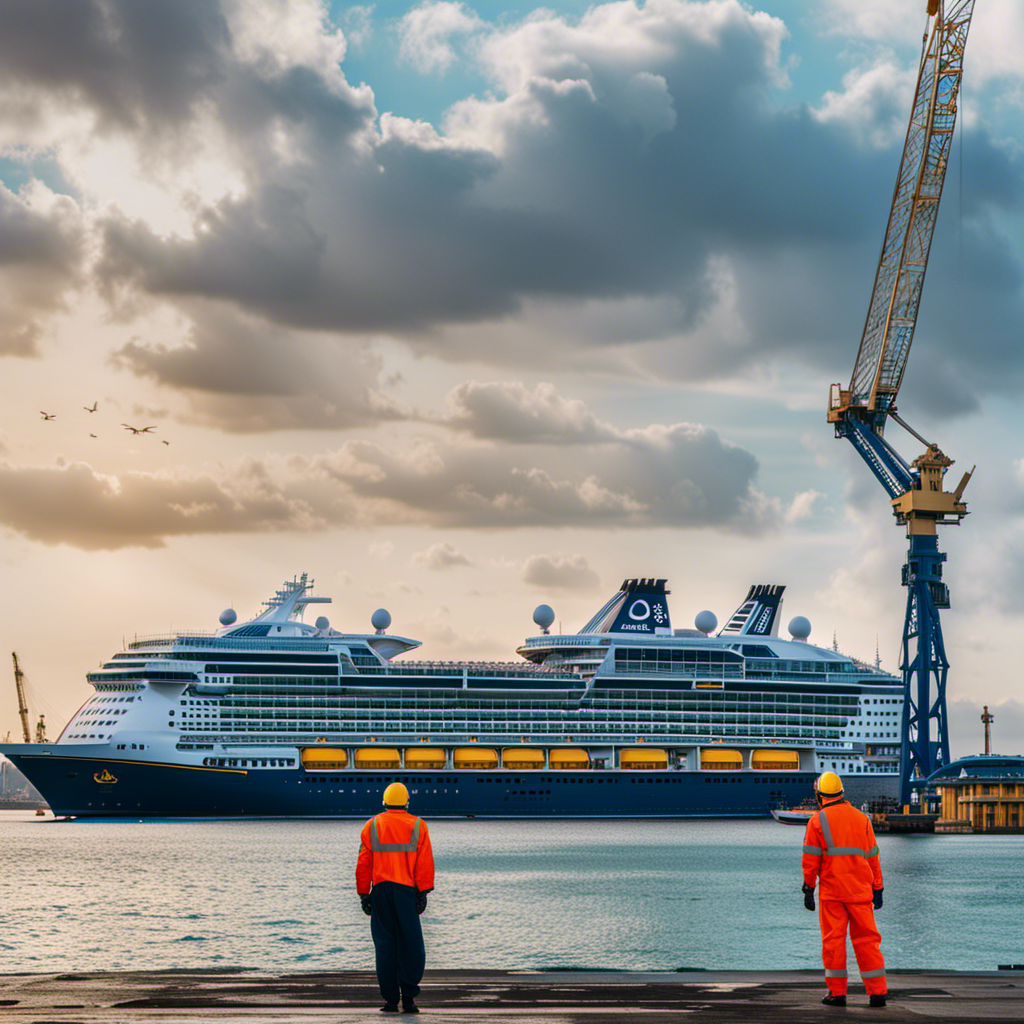 An image showcasing the grandeur of a Royal Caribbean cruise ship, juxtaposed against the backdrop of a deserted shipyard, with workers in hazmat suits and cranes halted, symbolizing the ship upgrade setbacks caused by the Coronavirus