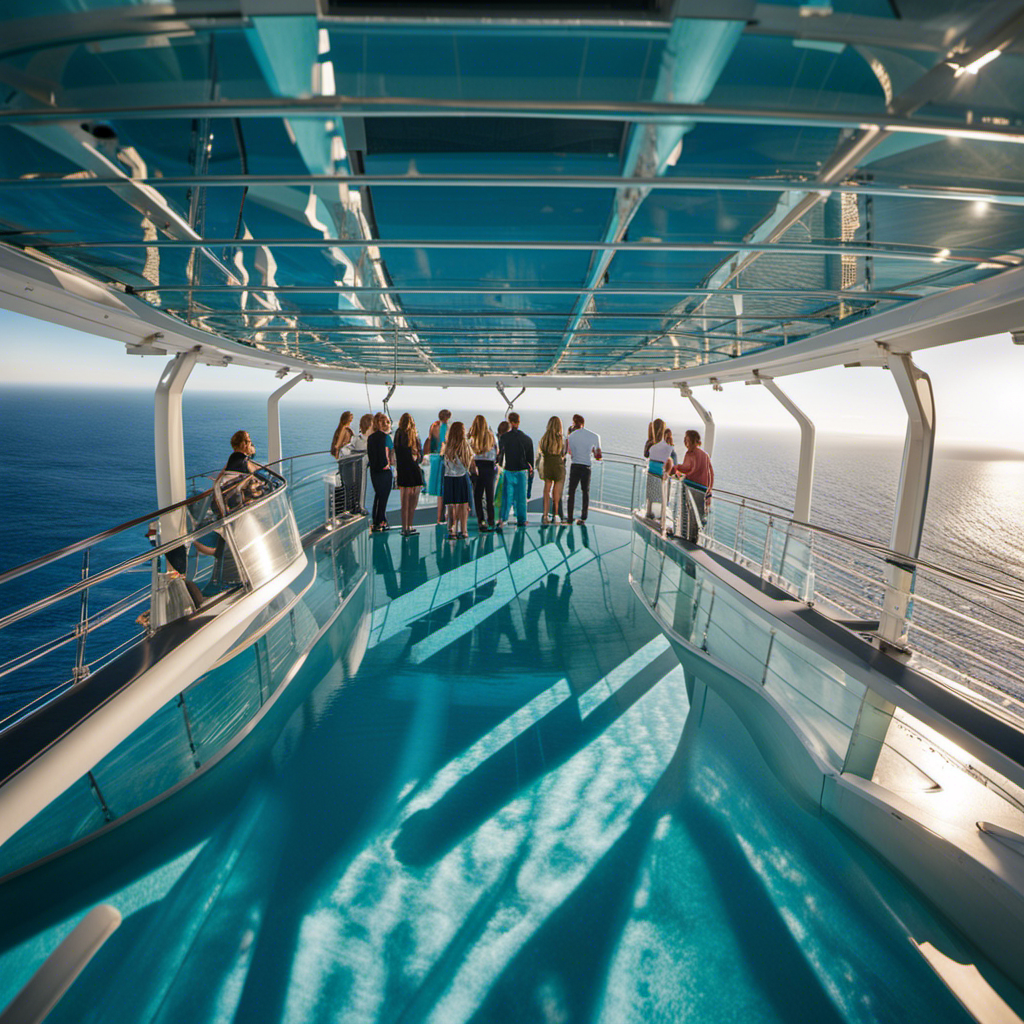 the breathtaking moment aboard Royal Caribbean's cruise ship as passengers step onto a transparent glass platform suspended high above the ocean, offering unparalleled views of the vast expanse beneath and the ship's majestic structure towering above