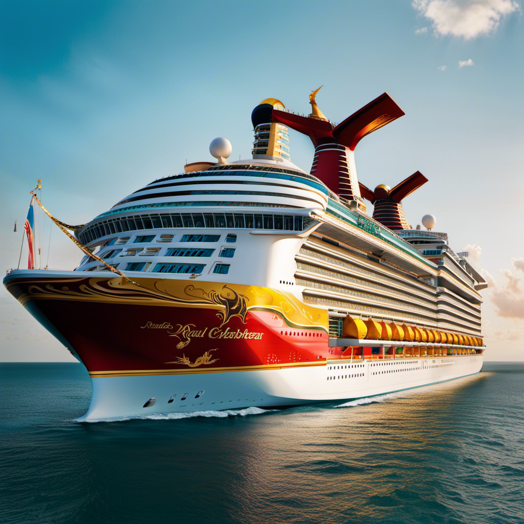 An image showcasing Royal Caribbean's breathtaking new ship, adorned with vibrant red and gold accents, towering above azure waters, with a dragon-inspired bow and intricate pagoda-style architecture, symbolizing its fusion of Eastern and Western cultures