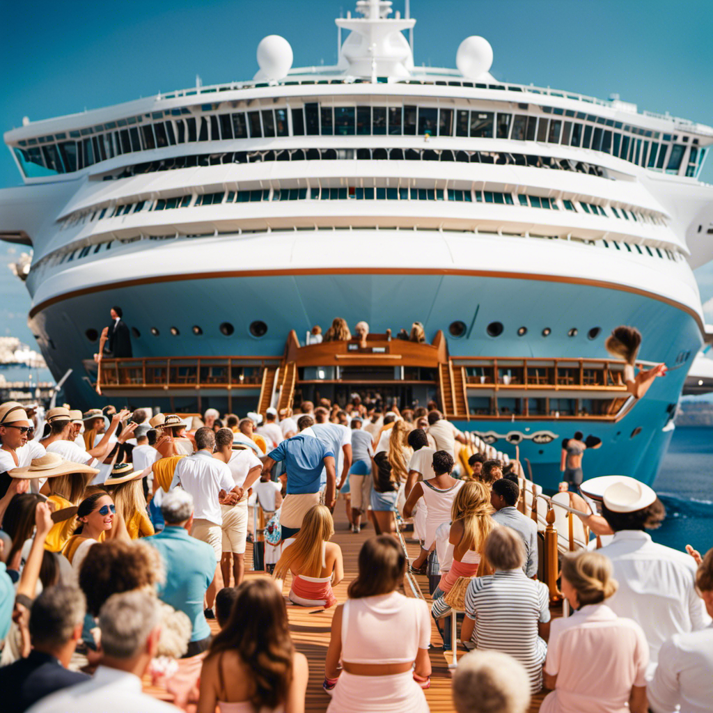 An image showcasing a grand Royal Caribbean cruise ship, gleaming under the radiant sun, with passengers cheerfully lounging on spacious decks, immersed in joyful activities, demonstrating the cruise line's remarkable track record of minimal virus cases during the ongoing health crisis