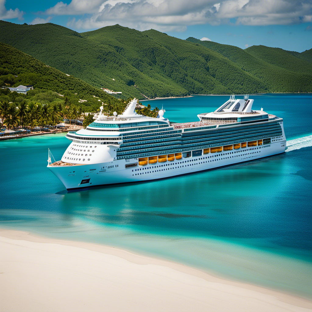 An image showcasing a majestic Royal Caribbean cruise ship sailing amidst clear blue waters, adorned with vibrant banners displaying the words "Safe Sailings" and "Vaccinated Guests Only," symbolizing Royal Caribbean's updated vaccine policy and enhanced cruise protocols