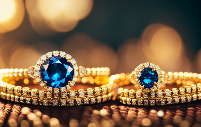 An evocative image showcasing a regal display of exquisite royal jewelry, adorned with their signature gemstones, glistening under soft golden lighting, elegantly captured against a plush velvet backdrop