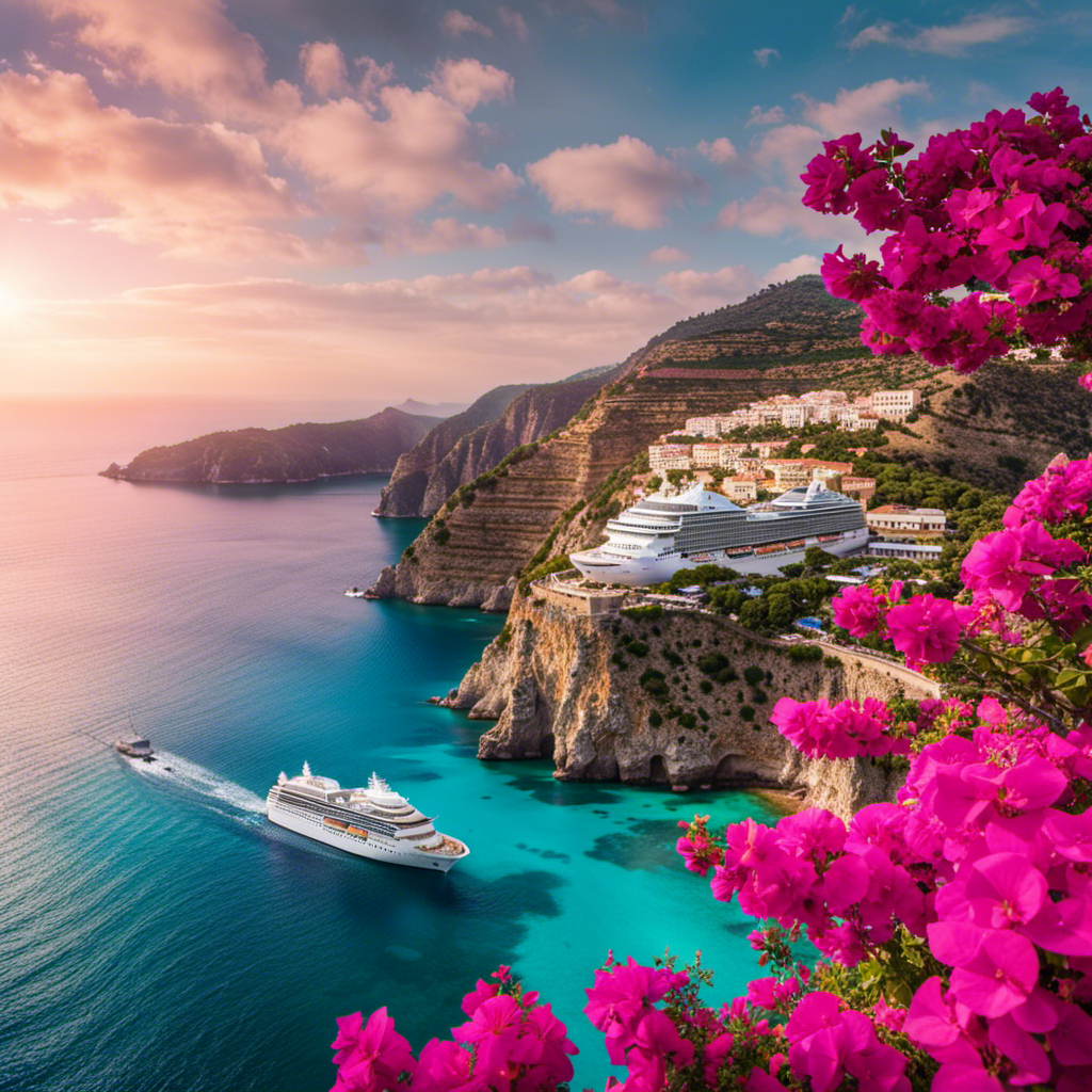 An image depicting the Royal Princess gracefully sailing through the crystal-clear turquoise waters of the Mediterranean Sea, surrounded by picturesque coastal cliffs, vibrant bougainvillea flowers, and a breathtaking sunset sky