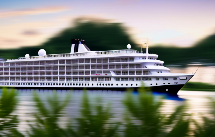 An image featuring an elegant American Queen Voyages cruise ship sailing on a sparkling river, surrounded by lush green landscapes