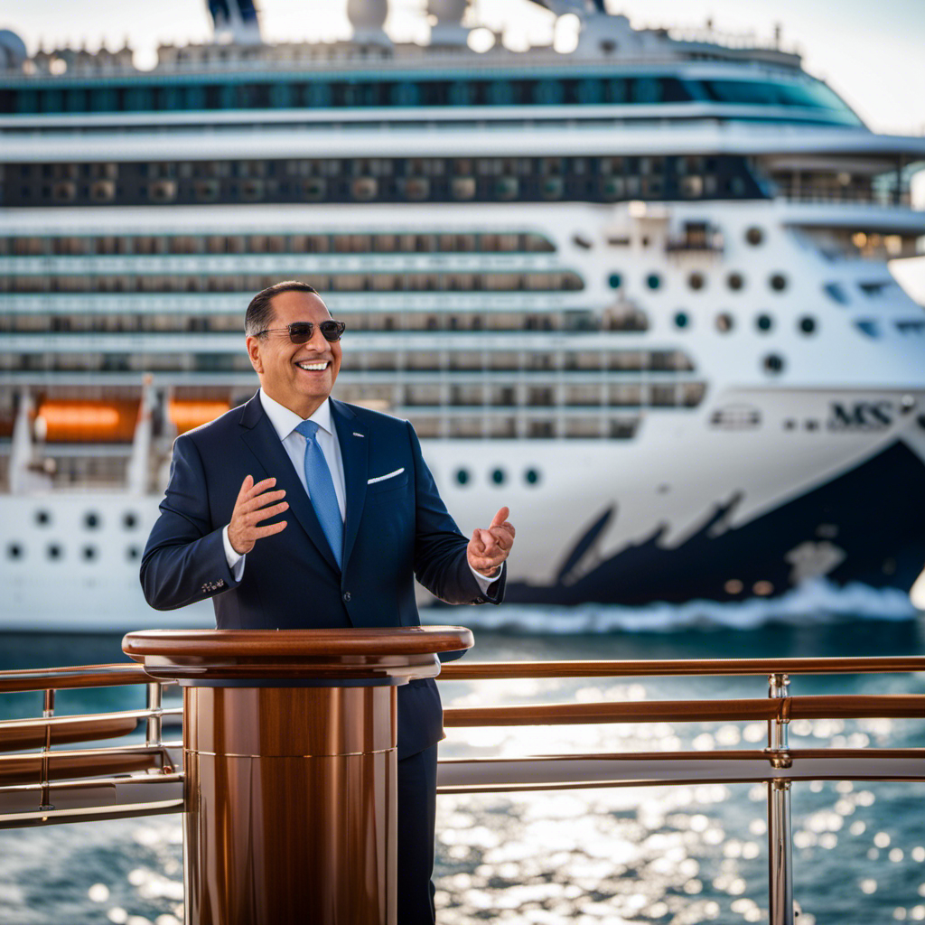 An image that showcases the exhilarating moment of Ruben Rodriguez's appointment as President of MSC Cruises USA; capturing him confidently standing amidst a backdrop of a luxurious cruise ship, with a radiant smile and applauding colleagues