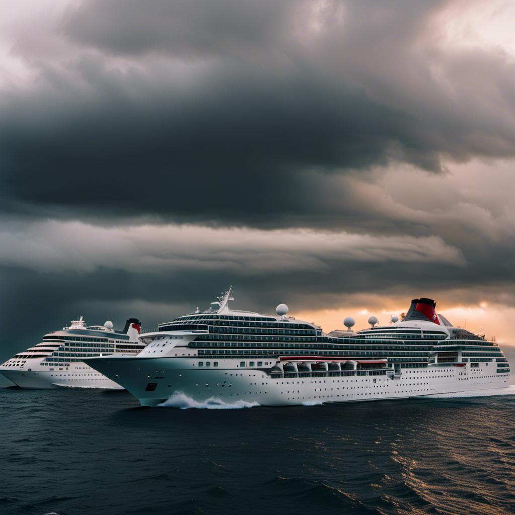 An image showcasing the elegant silhouettes of Cunard and Seabourn cruise ships, surrounded by a stormy sea
