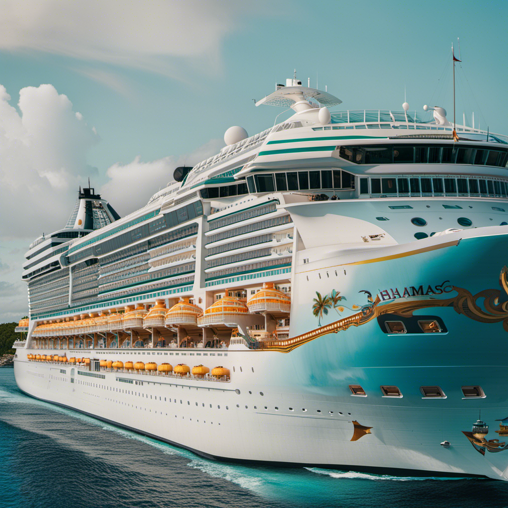 An image showcasing a majestic cruise ship, adorned with vibrant colors, anchored near a tropical paradise