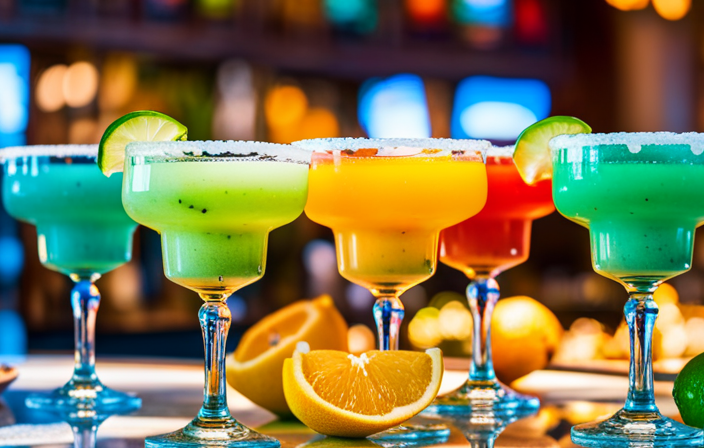 the vibrant atmosphere of Sabor Taqueria Tequila Bar Margaritas on a Royal Caribbean cruise: a dazzling display of colorful margarita glasses adorned with salt rims, fresh lime wedges, and cascading slices of tropical fruits