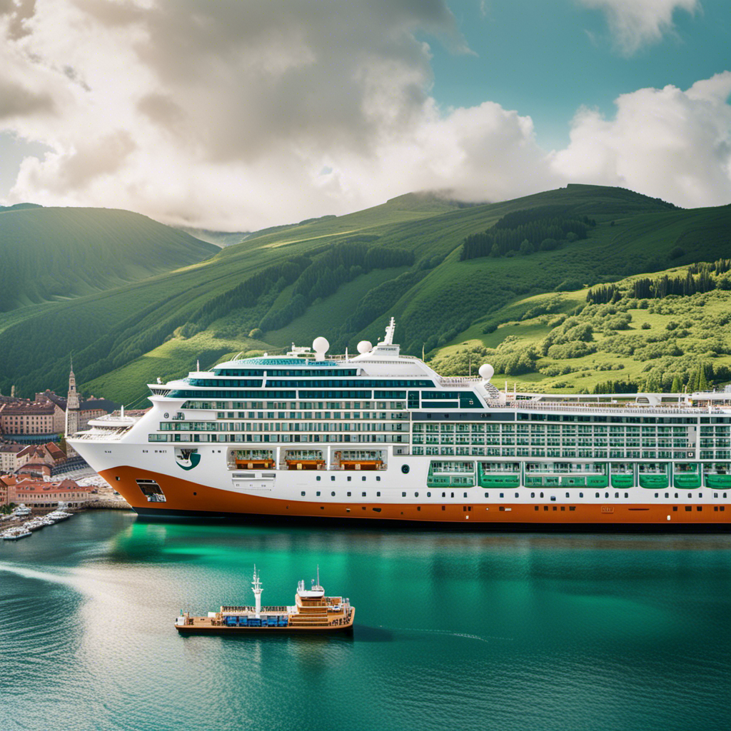 An image featuring a serene Viking Ocean cruise ship, adorned with a vibrant green health shield symbol