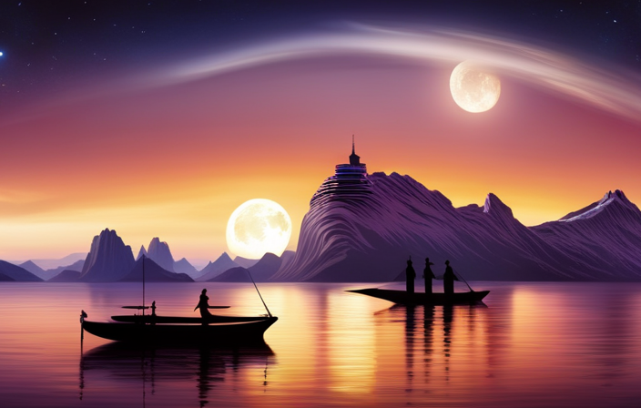 An image featuring a majestic cruise ship sailing under a starry night sky, surrounded by iconic rock legends silhouetted against the shimmering water, their guitars aloft, as the music fills the air