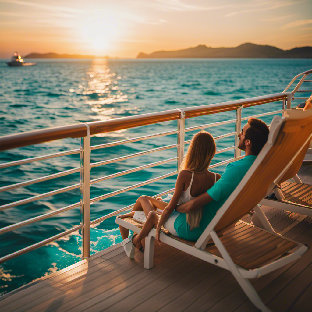 An image depicting a serene sunset on a simulated cruise; a couple relaxes on a spacious deck with plush lounge chairs, surrounded by crystal-clear turquoise waters and a gentle breeze