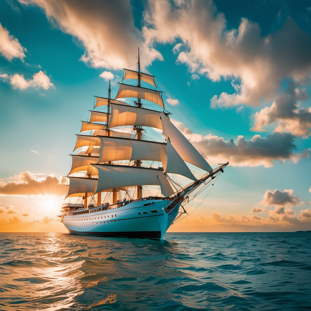 the essence of opulence and serenity aboard a Sea Cloud cruise with a mesmerizing image of a majestic, gleaming white sailing ship gliding through crystal-clear turquoise waters, under a radiant sunset sky