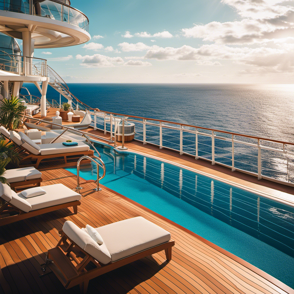 An image showcasing a sun-kissed, expansive outdoor deck on a Norwegian Cruise Line ship, adorned with plush loungers, a sparkling infinity pool, and panoramic views of the azure ocean stretching towards the horizon