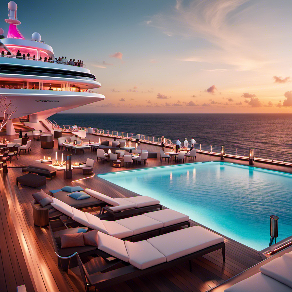 An image showcasing the elegant deck of a Virgin Voyages ship, with adults lounging by a pristine pool, savoring refreshing cocktails, surrounded by azure seas and a breathtaking sunset