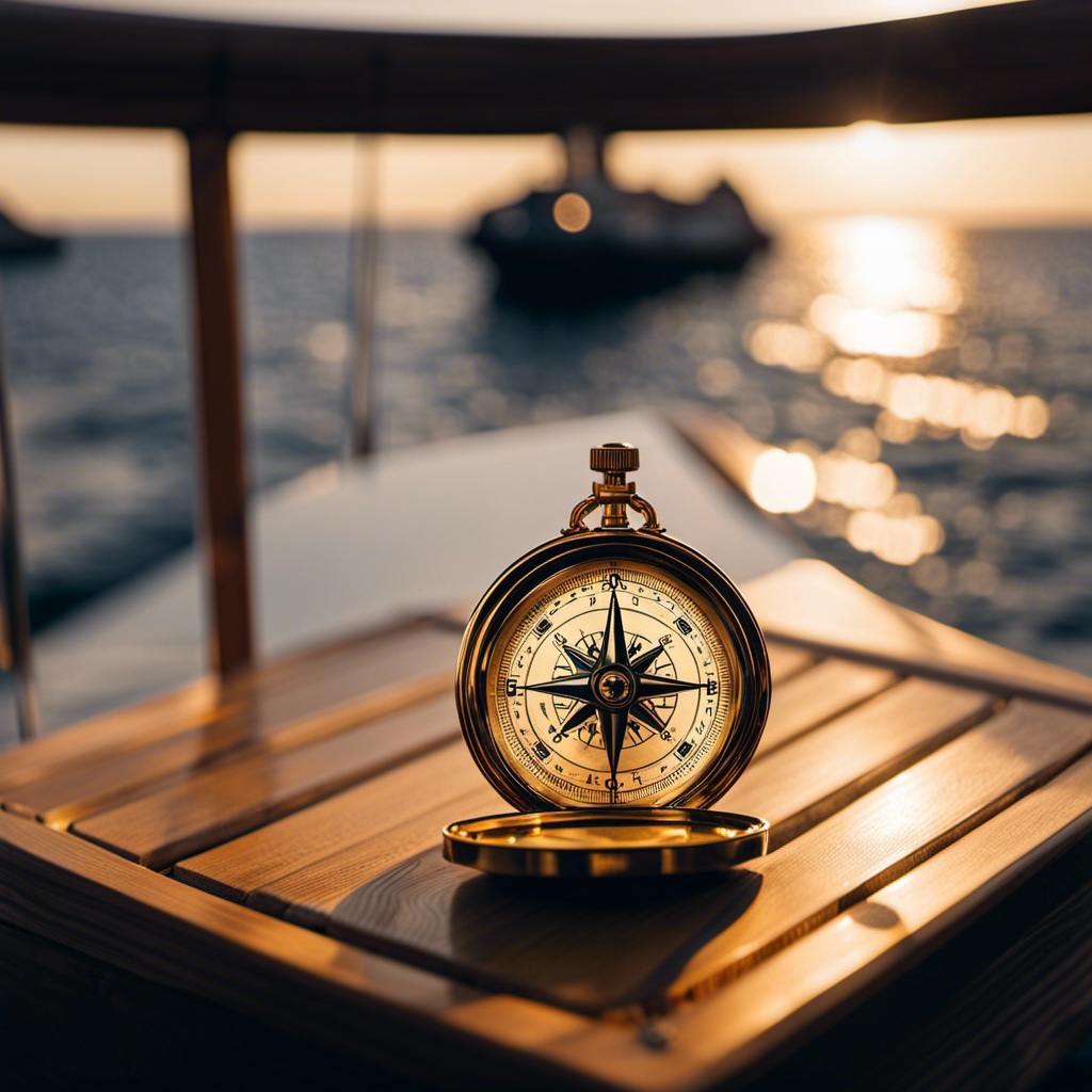 An image showcasing a golden compass softly resting on a pristine, polished wooden deck, with a silhouette of a confident figure standing at the helm, symbolizing the sale of Azamara and its new leadership