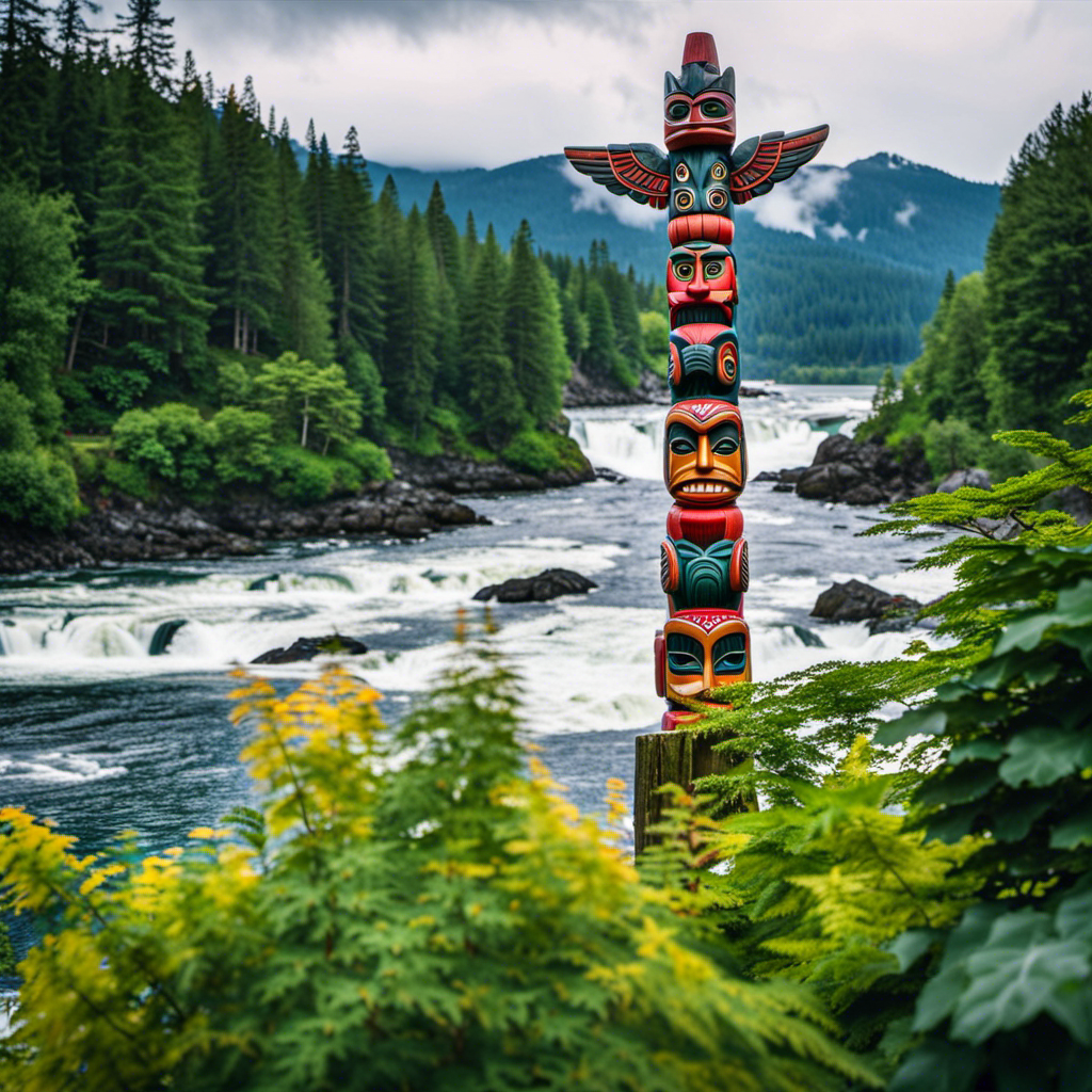 An image capturing the vibrant essence of Ketchikan: a majestic totem pole nestled among lush foliage, while a mighty salmon leaps upstream in the backdrop, symbolizing the enchanting wildlife wonders awaiting visitors