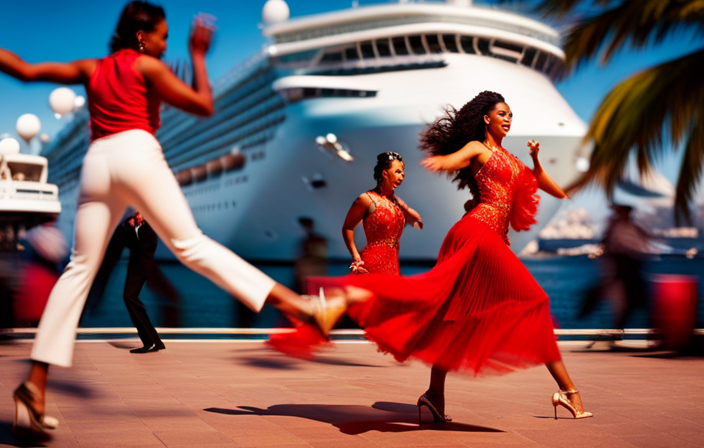 An image showcasing vibrant salsa dancers swaying to the electrifying rhythm of Latin beats against the backdrop of a luxurious cruise ship, adorned with colorful decorations and surrounded by palm trees, evoking the essence of the Salsa Cruise experience
