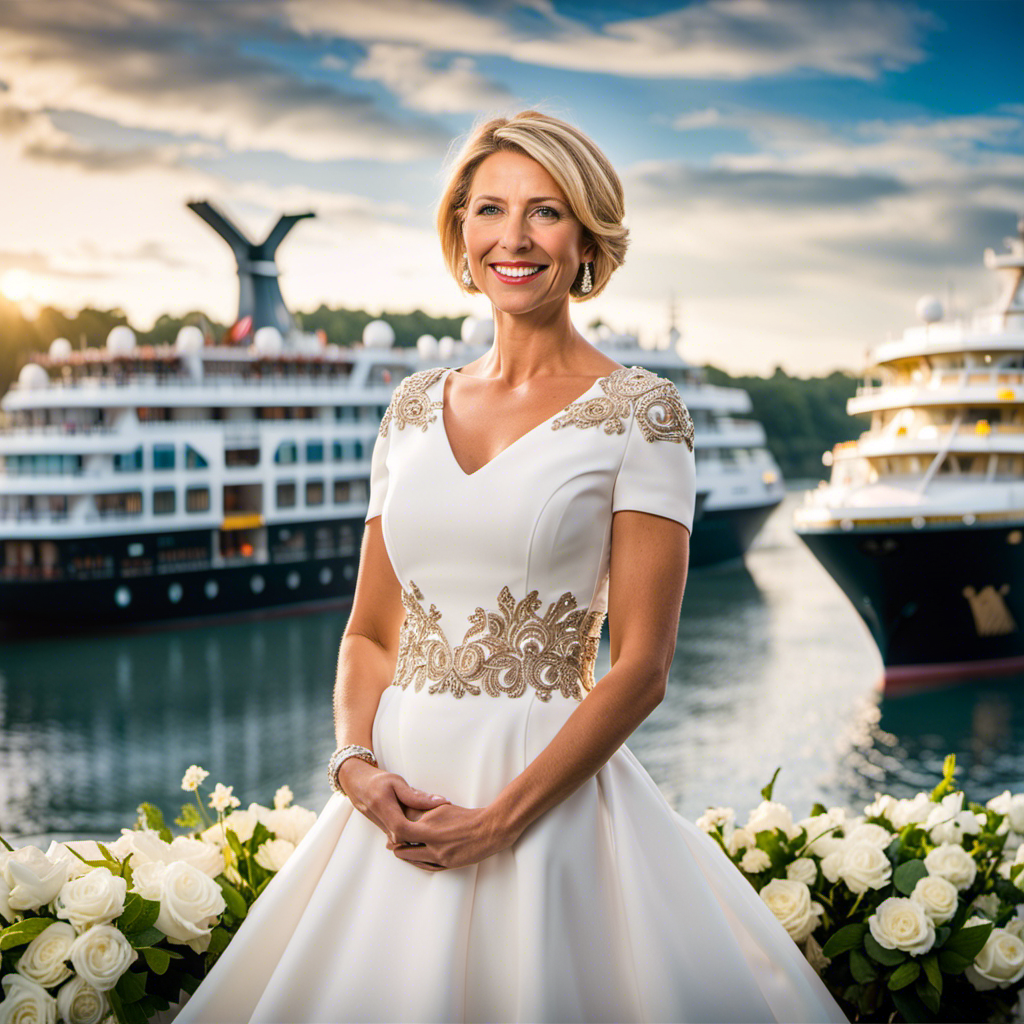 An image capturing the elegance of Samantha Brown christening the AmaMagna river cruise ship, radiating innovation with state-of-the-art facilities, panoramic windows, and a luxurious double-width design, all highlighted against a scenic riverscape