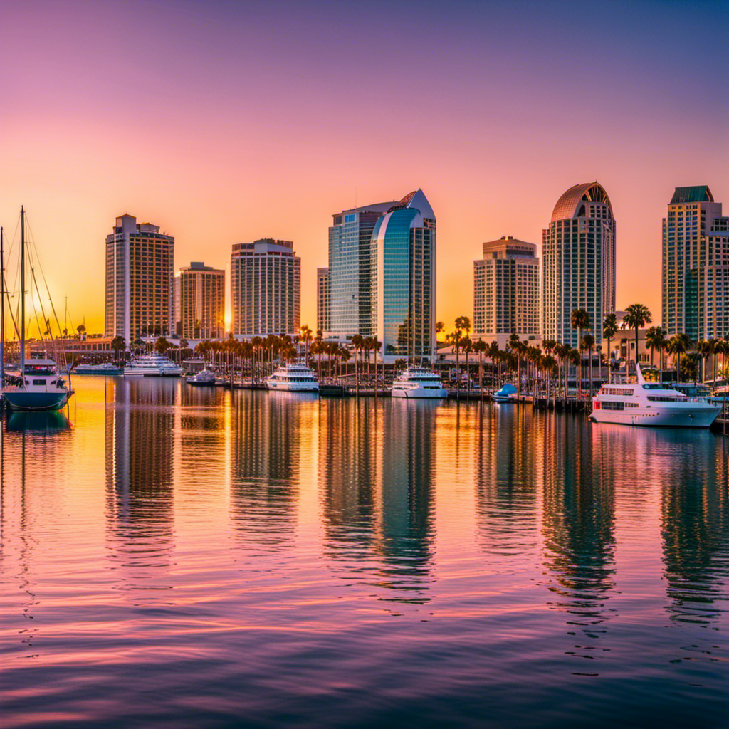 An image showcasing the vibrant San Diego waterfront, with a panoramic view capturing the iconic Coronado Bridge, bustling cruise ships docking at the port, and a sun-kissed skyline dotted with palm trees and vibrant buildings