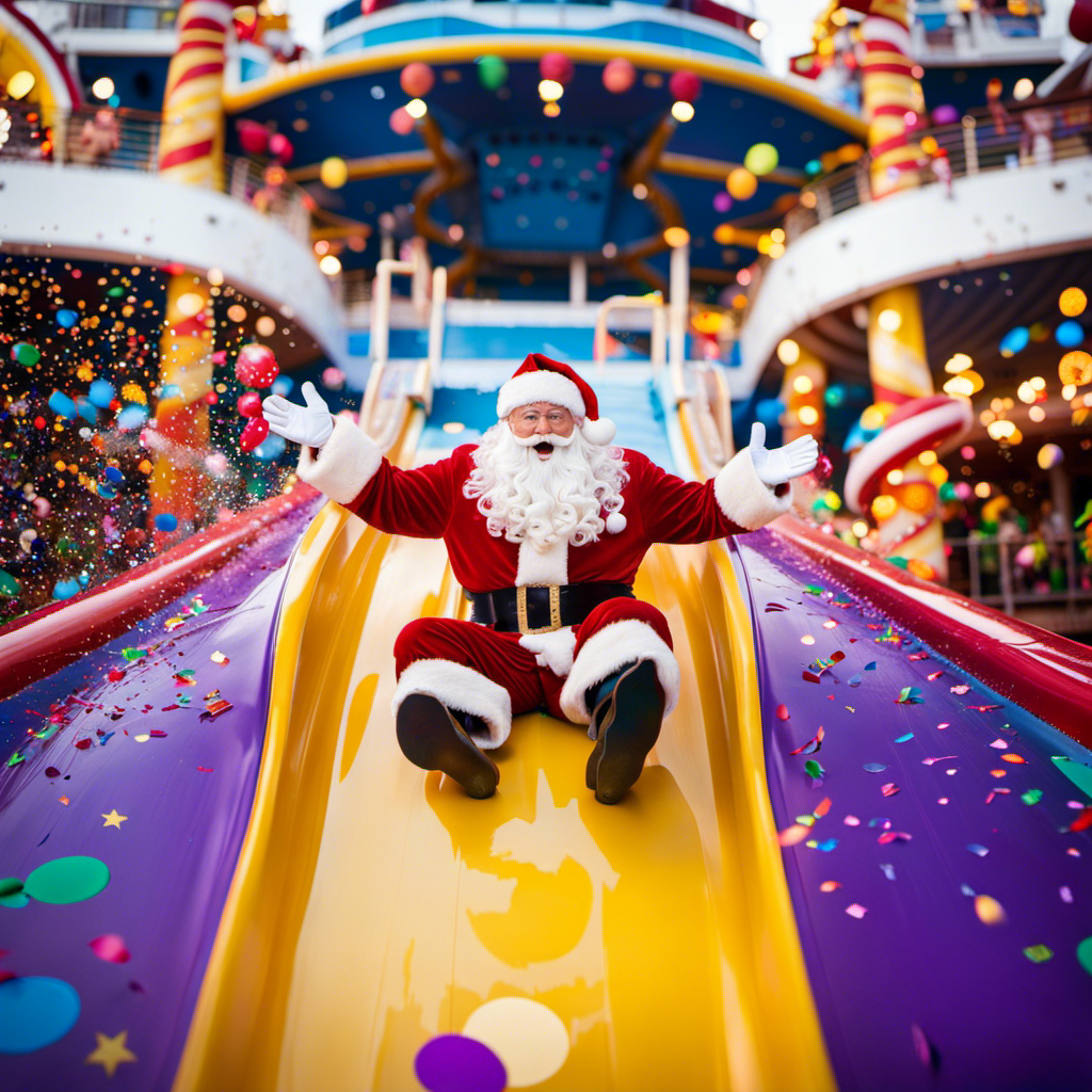 An image showcasing Santa Claus joyfully gliding down a vibrant water slide on the deck of the Carnival Mardi Gras Ship