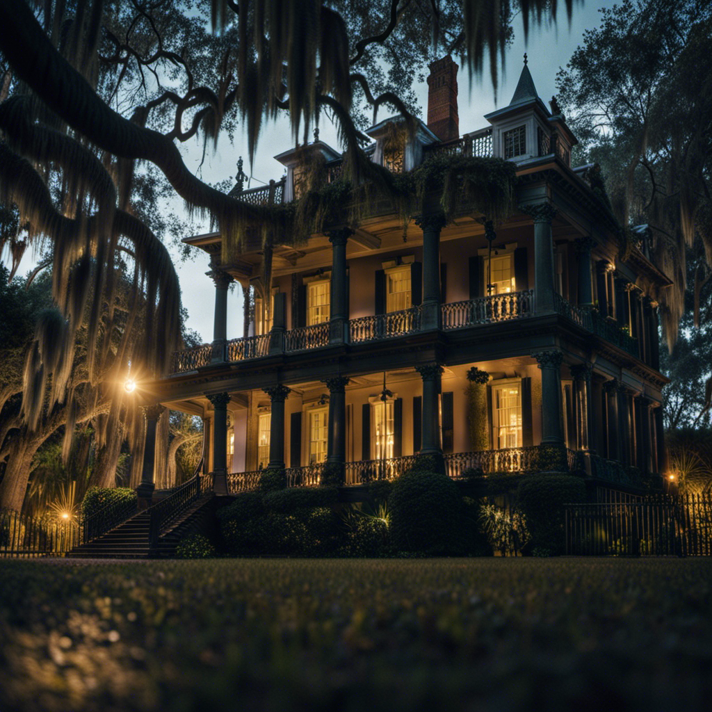 the essence of Savannah's haunted past with a chilling image: In the dim moonlight, a dilapidated antebellum mansion stands shrouded in Spanish moss, while ethereal figures drift by, their spectral presence sending shivers down your spine