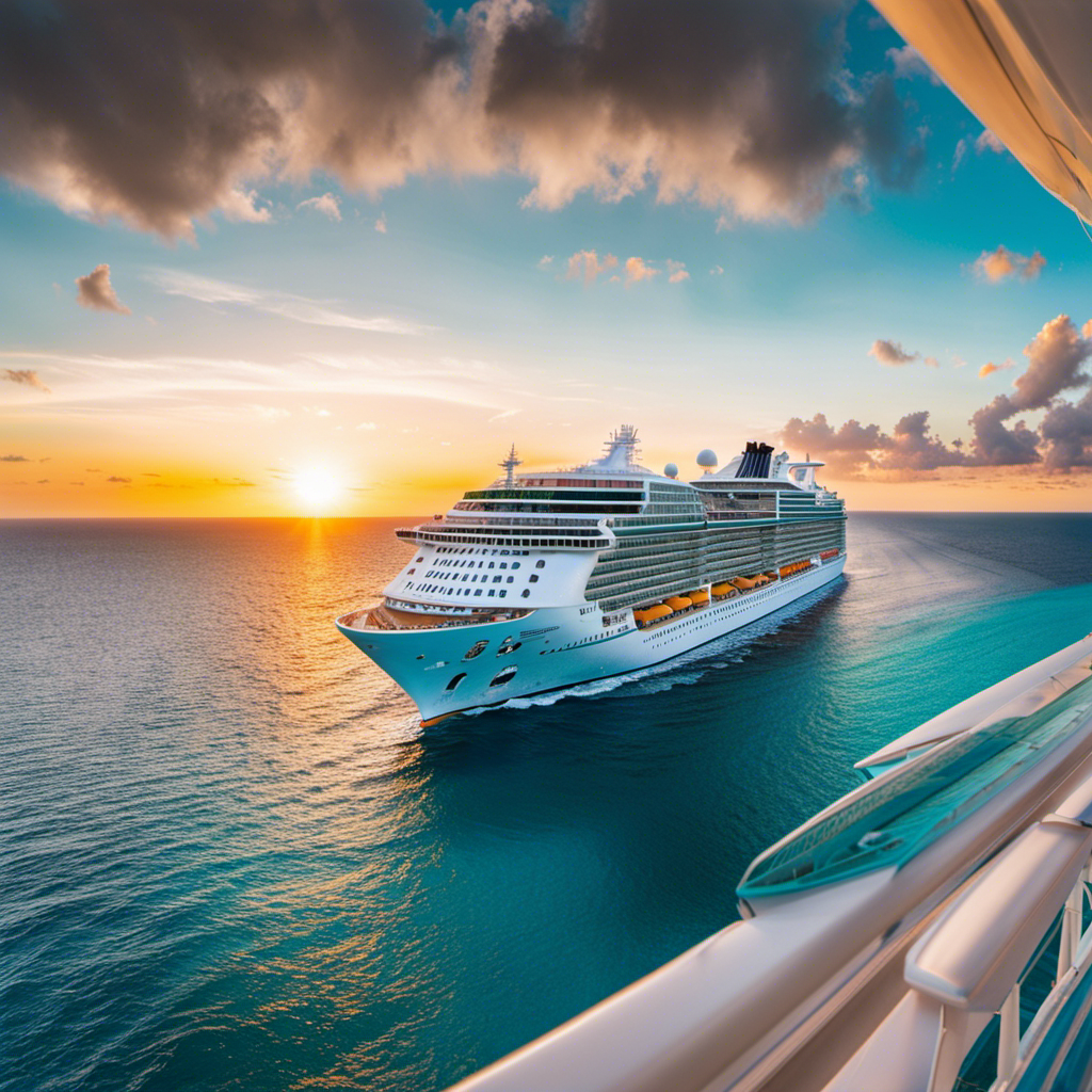 An image of a luxurious Royal Caribbean cruise ship gliding through crystal-clear turquoise waters, with vibrant sunsets painting the sky