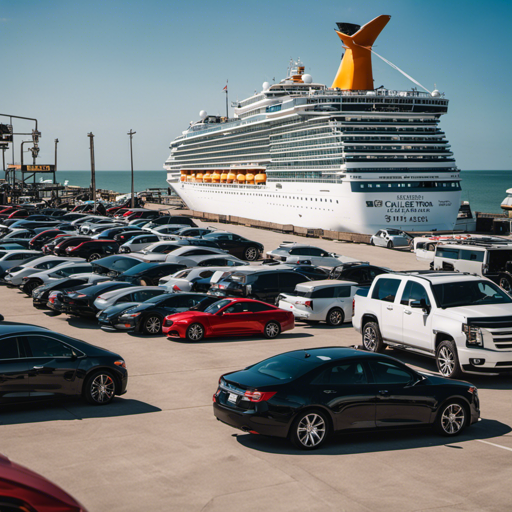 An image showcasing a sunny Galveston port with a cruise ship docked, surrounded by a parking lot filled with cars