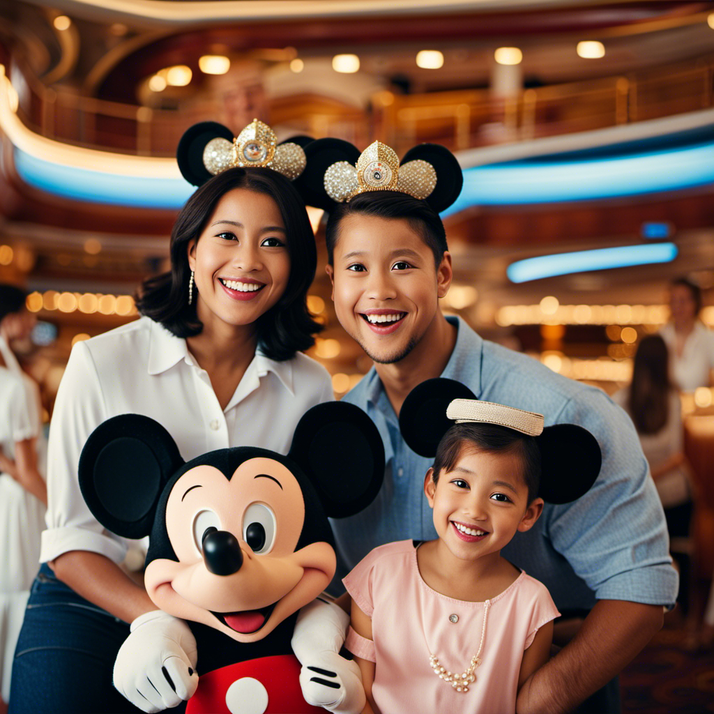An image showcasing a family happily exploring a Disney Cruise Line ship, with Mickey Mouse ears on their heads, as they revel in the joy of savings through various discounts offered by the cruise line