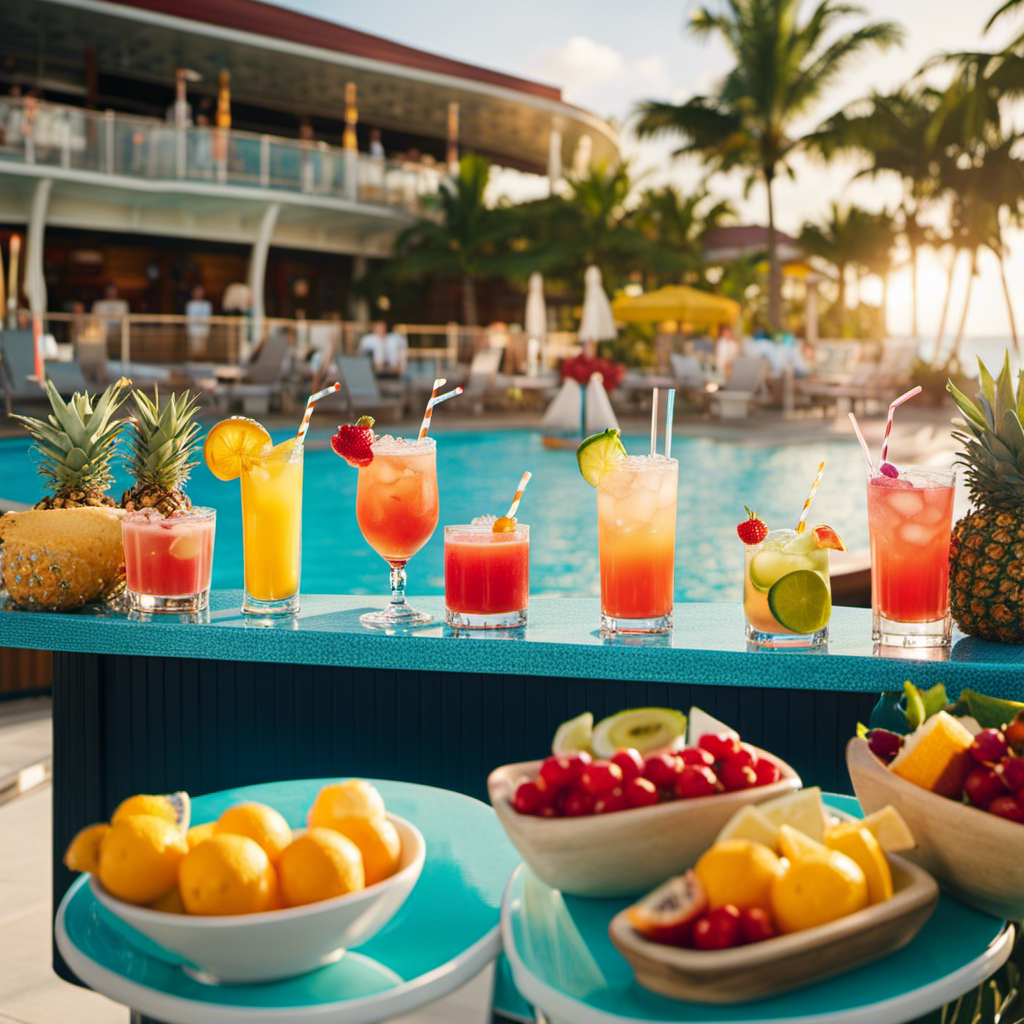 An image showcasing a vibrant tropical poolside bar on a cruise ship, adorned with colorful cocktails and a price list