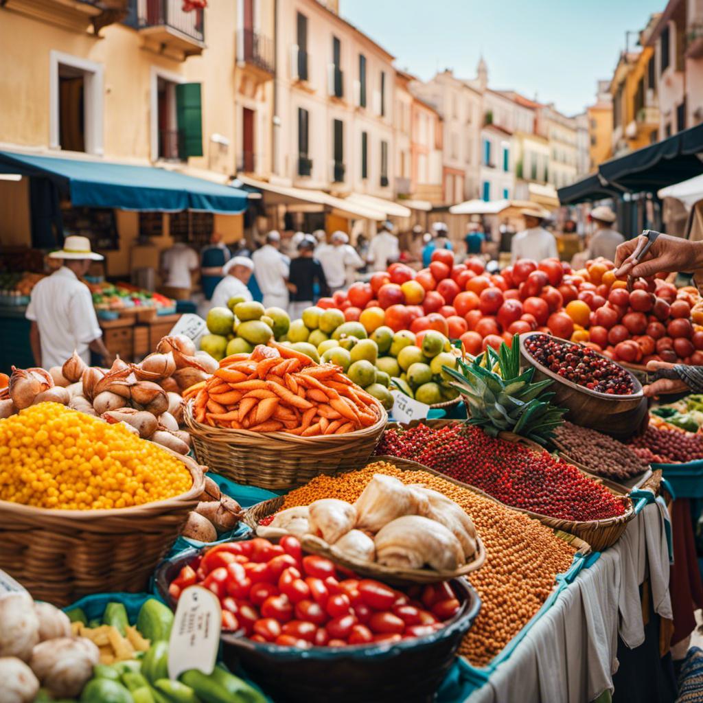 An image of a picturesque seaside town, with a vibrant local market filled with colorful stalls, overflowing with fresh seafood, aromatic spices, and plump fruits, evoking the rich culinary experience of a Windstar Cruise through Spain
