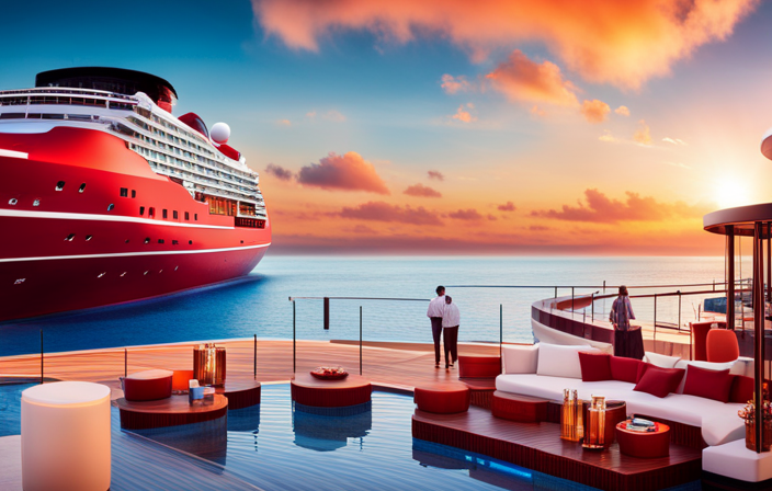 An image showcasing the luxurious Scarlet Lady cruise ship at sunset, with its sleek silhouette cutting through the crystal-clear waters