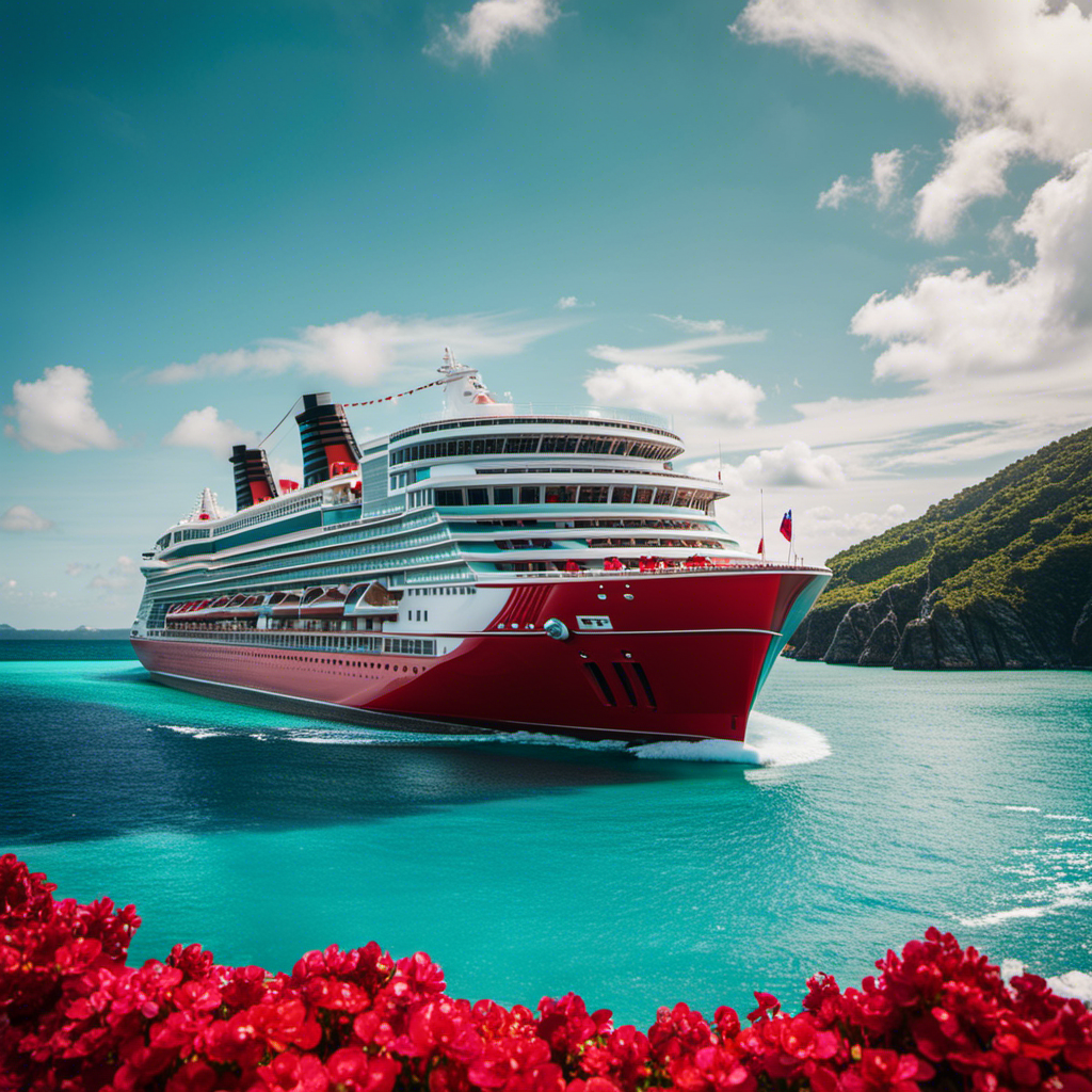 An image capturing the grandeur of the Scarlet Lady cruise ship, adorned in vibrant scarlet hues, as it majestically sails through crystal-clear turquoise waters, leaving a trail of sparkling foam in its wake