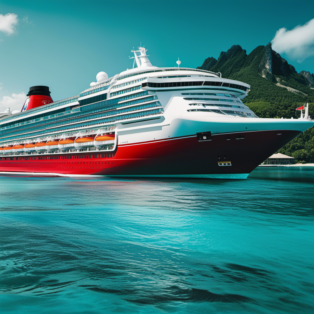 An image showcasing a majestic Scarlet Lady cruise ship sailing through crystal-clear turquoise waters, adorned with elegant features and surrounded by a backdrop of breathtaking tropical islands, exemplifying the harmonious blend of feminine leadership and opulent adventures