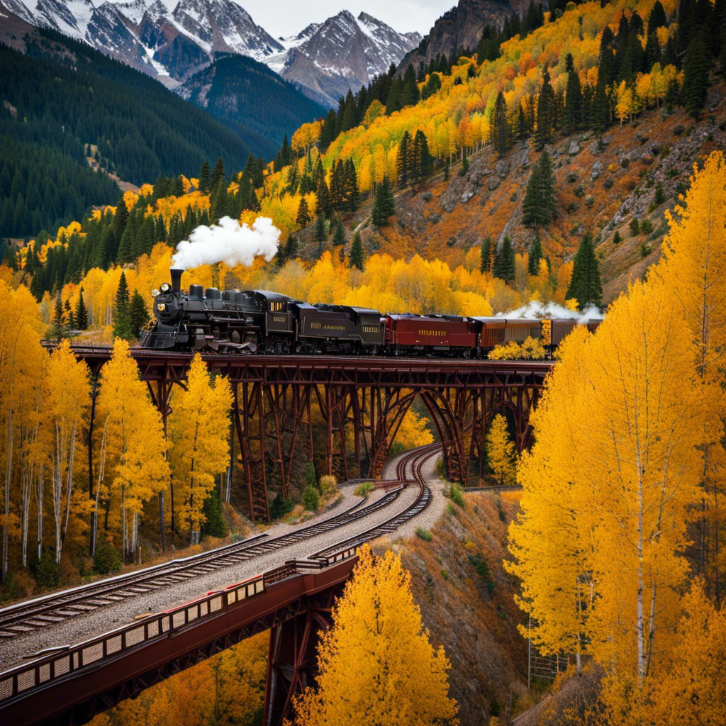 the essence of autumn's vibrant transformation as the historic Durango-Silverton Railroad winds through the majestic San Juan Mountains