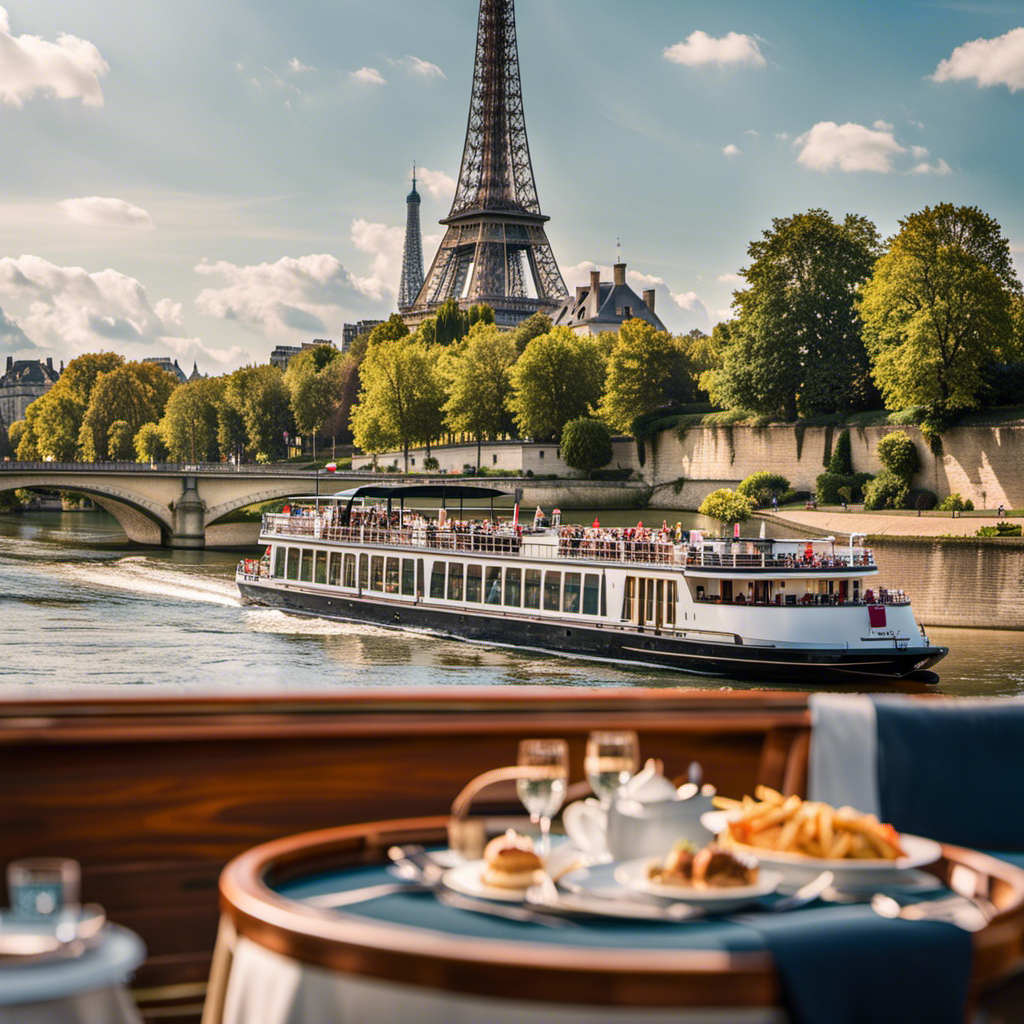 the essence of a scenic Seine River cruise in a single image: a charming riverboat gliding along the glistening waters, flanked by iconic landmarks like the Eiffel Tower and Notre-Dame Cathedral, while a delightful spread of French cuisine adorns the deck