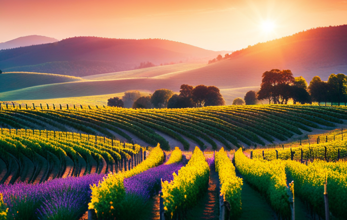 An image showcasing a sun-kissed vineyard, where vibrant grapevines intertwine with blooming lavender fields