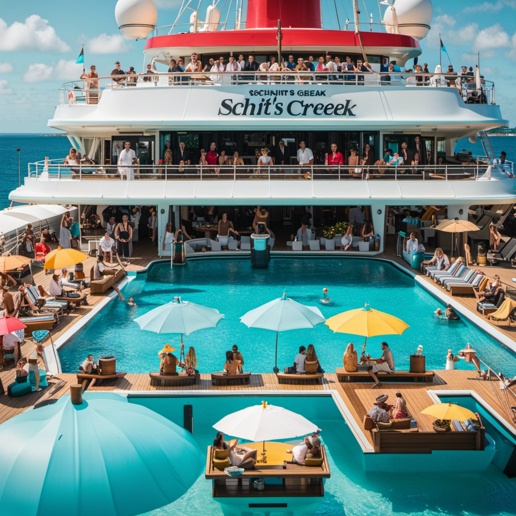 An image showcasing the Schitt's Creek Cruise: vibrant umbrellas lining the ship's deck, adorned with characters' faces, as passengers enjoy sun-soaked poolside fun with tropical drinks, all against a backdrop of crystal-clear turquoise waters