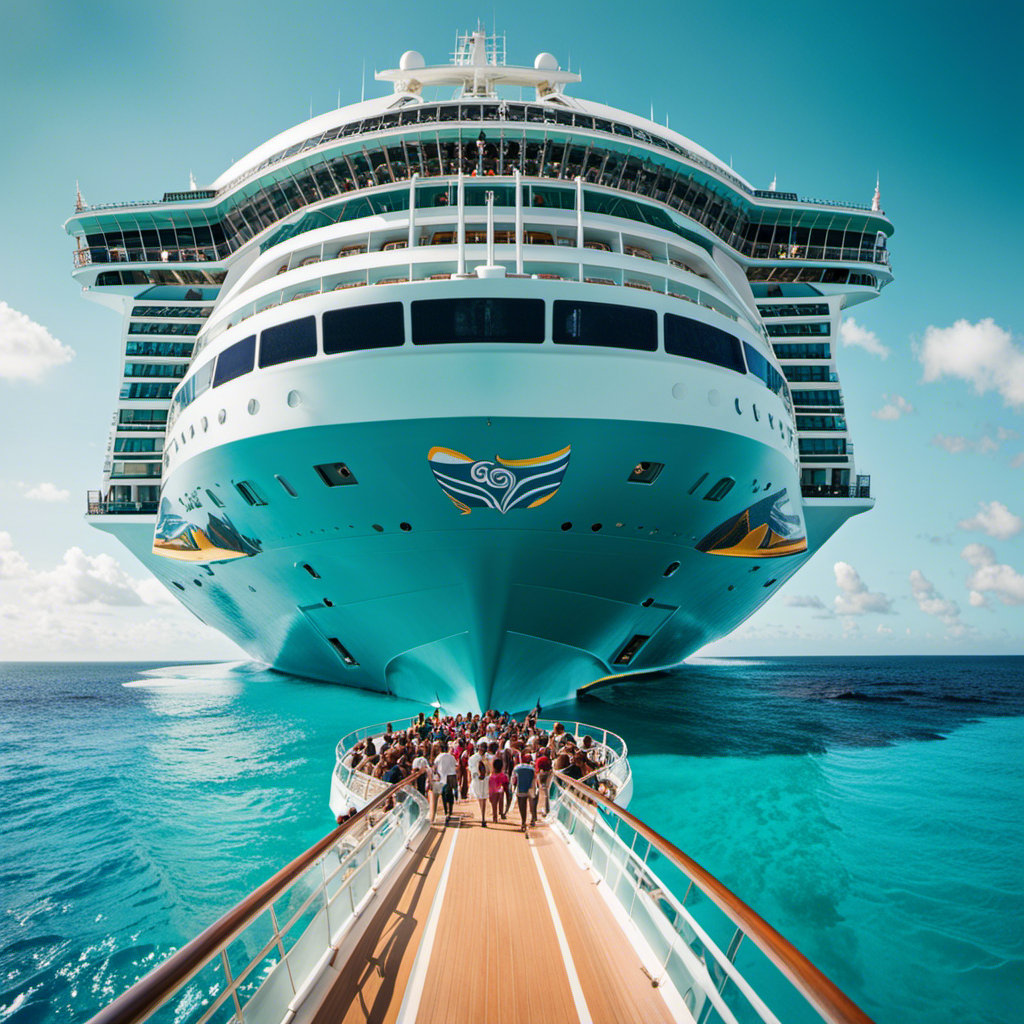 An image capturing the excitement of Royal Caribbean's Black Friday deals: a vibrant cruise ship sailing through crystal-clear turquoise waters, with a diverse group of happy passengers enjoying thrilling activities on board