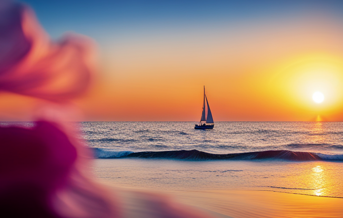 An image showcasing a serene horizon where a vibrant sunset kisses the rolling waves, while a lone sailboat gracefully glides through the sea, its sails billowing in the gentle breeze