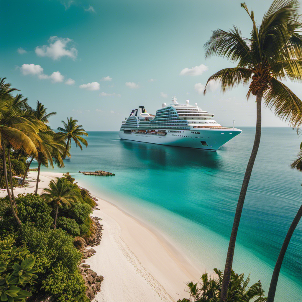 A striking image of a luxurious Seabourn cruise ship gliding through crystal-clear turquoise waters, surrounded by lush tropical islands dotted with palm trees, showcasing the epitome of elegance and relaxation for avid cruise enthusiasts