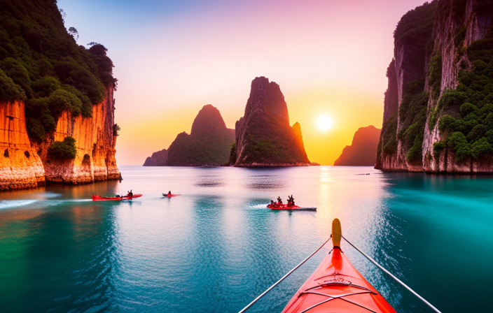 An image showcasing Seabourn's thrilling adventures: a marine biologist expertly guiding guests through vibrant coral reefs, while others embark on a thrilling kayak excursion amidst towering limestone cliffs, all against a backdrop of a breathtaking sunset