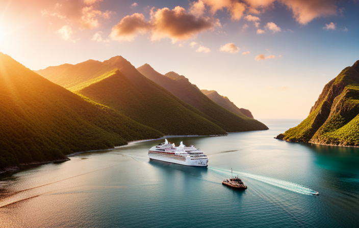 An image showcasing Seabourn's July Cruise Restart and their new Expedition Ship, capturing the excitement with a stunning view of the ship sailing through sparkling turquoise waters, surrounded by breathtaking landscapes and diverse wildlife
