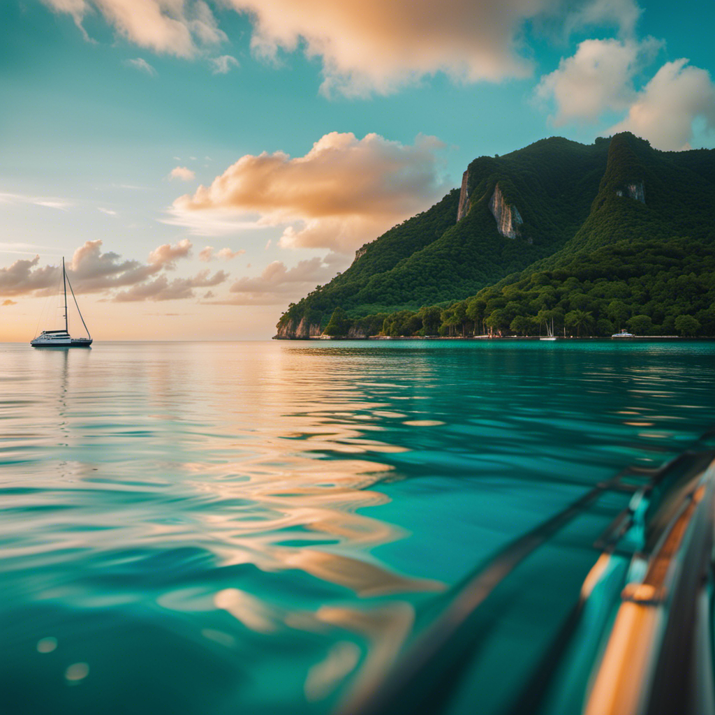 An image depicting a serene seascape at sunset, with a luxurious Seadream yacht anchored in clear turquoise waters, surrounded by lush tropical islands