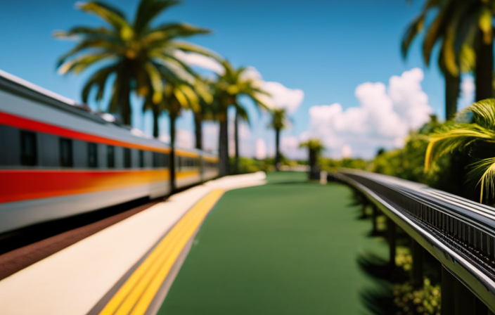 An image showcasing the effortless journey with Brightline+: A luxurious train gliding along palm tree-lined tracks, passing vibrant art deco buildings, before a sleek, chauffeured car awaits passengers at a pristine station